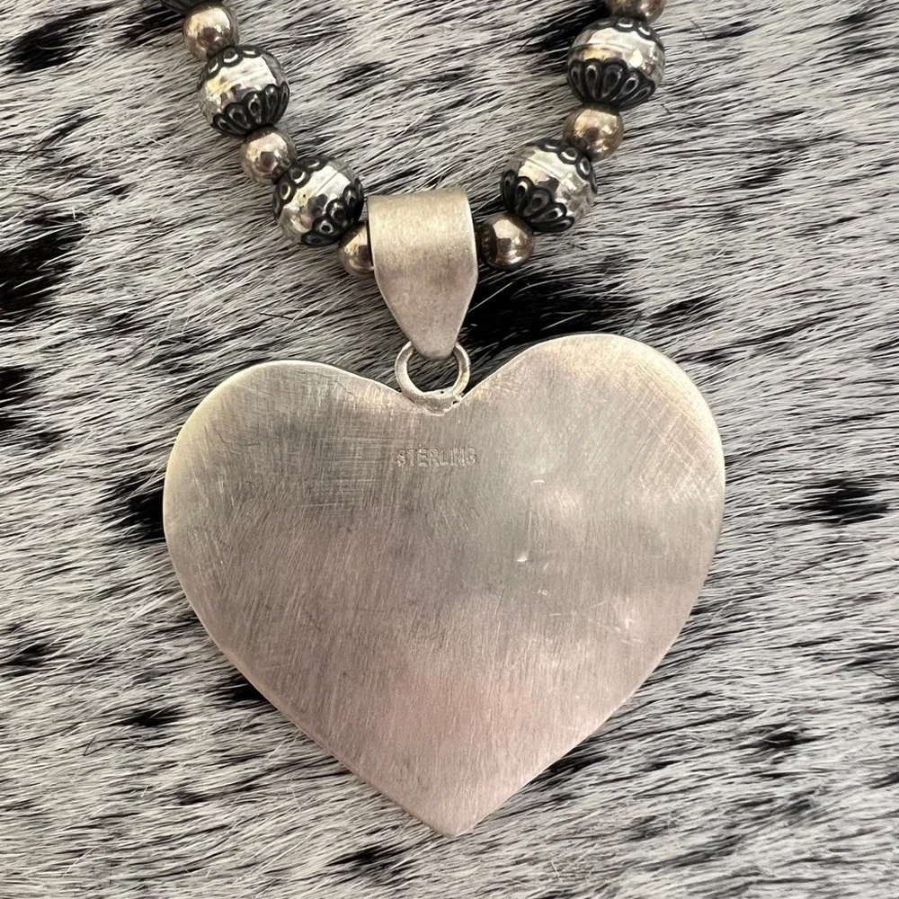 ❤️ Huge Golden Hills Turquoise Navajo Style Matte Sterling Heart Pendant 2.23”L